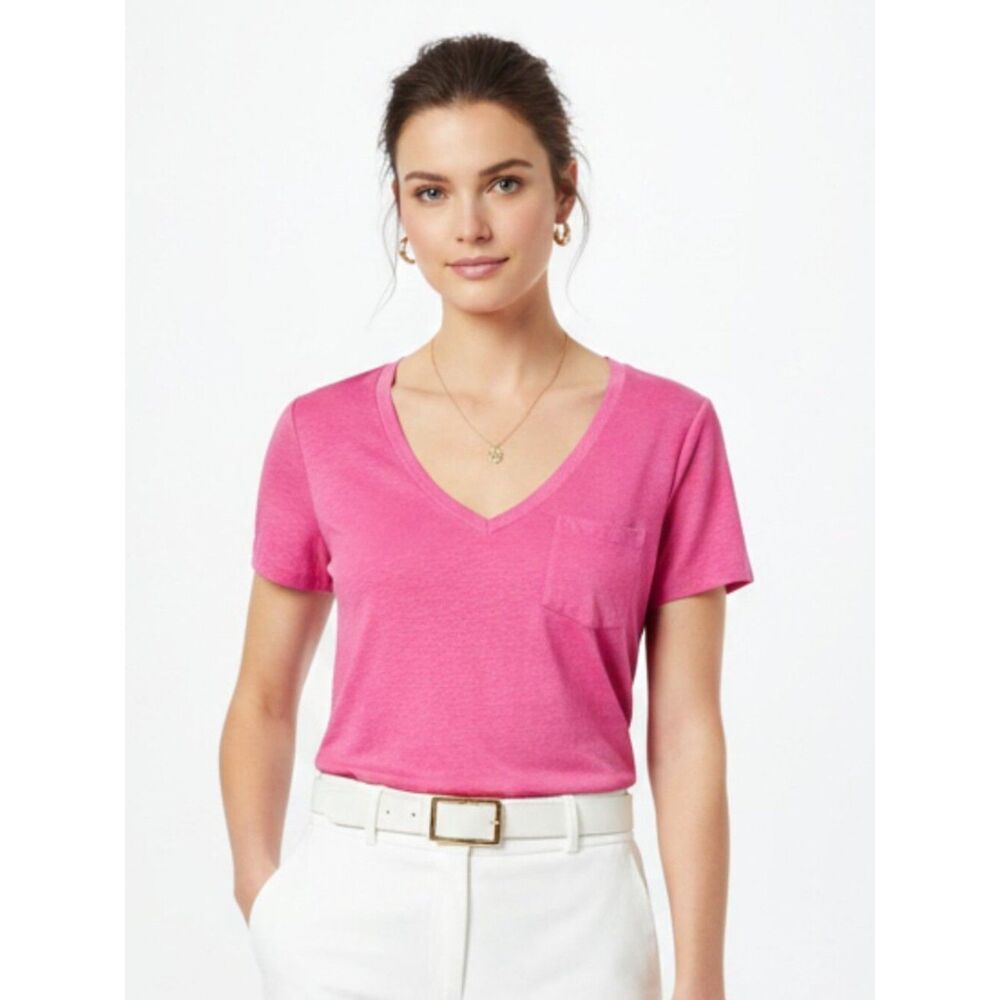 J Crew 100% Linen Pink Short Sleeve V Neck T Tee Shirt Top M